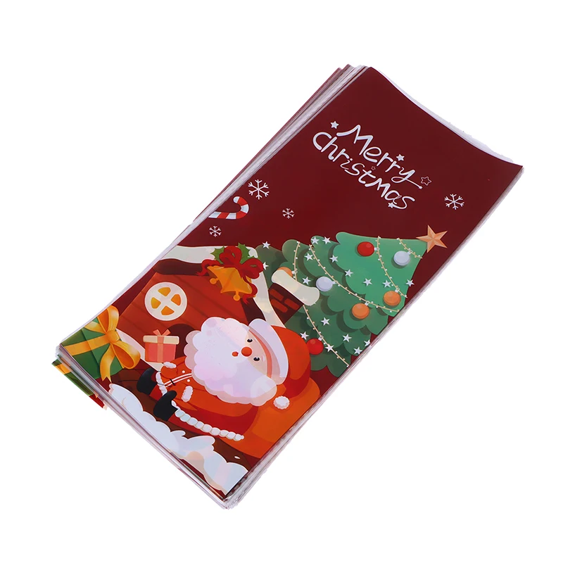 

50Pcs Christmas Candy Gift Packaging Bag With Ribbon Ties Cookies Baking Xmas Plastic Bags Kids Party Favors Wrapping Bags