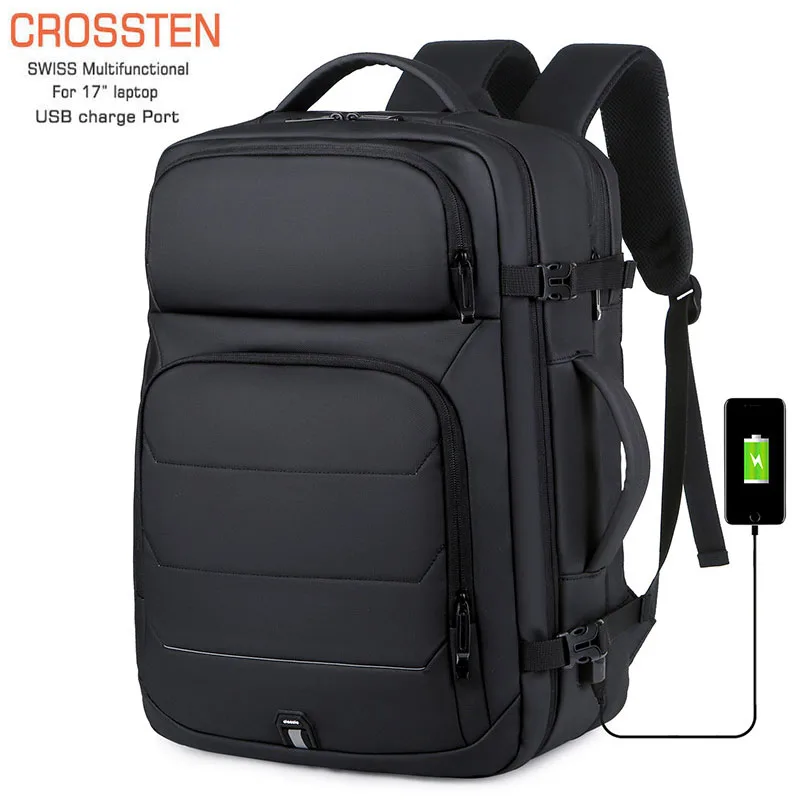 

CROSSTEN 40L Large Capacity Mens Expandable Backpacks USB Charging 17 inch Laptop Bags Waterproof Extensible Business Travel Bag