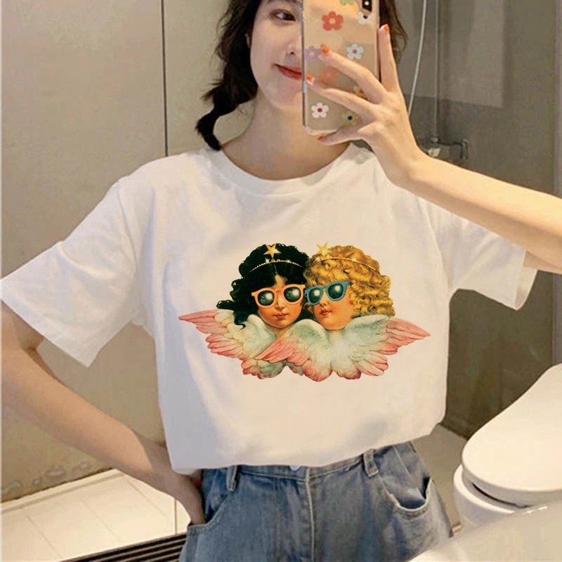 

Cupid Angel Print T-Shirt Women Summer Cartoon Clothes Harajuku Tshirt Female Aesthetic Kawaii Thin Top Tshirt Cute T-Shir