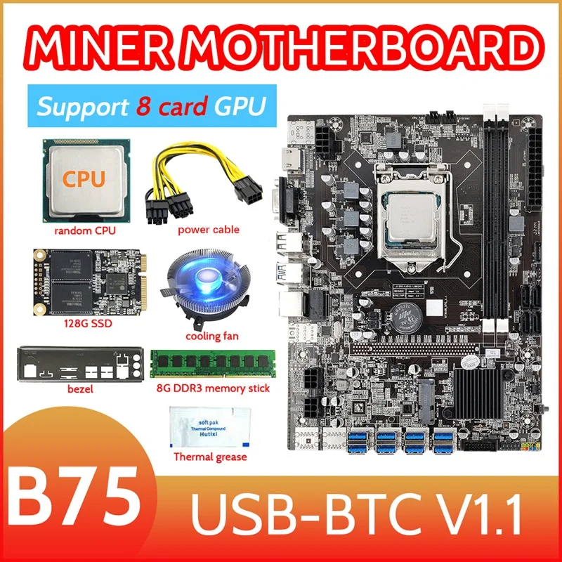 B75 8 Card Mining Motherboard+CPU+Fan+Thermal Grease+8G DDR3 RAM+128G SSD+Power Cable+Baffle 8XUSB3.0 GPU LGA1155 MSATA
