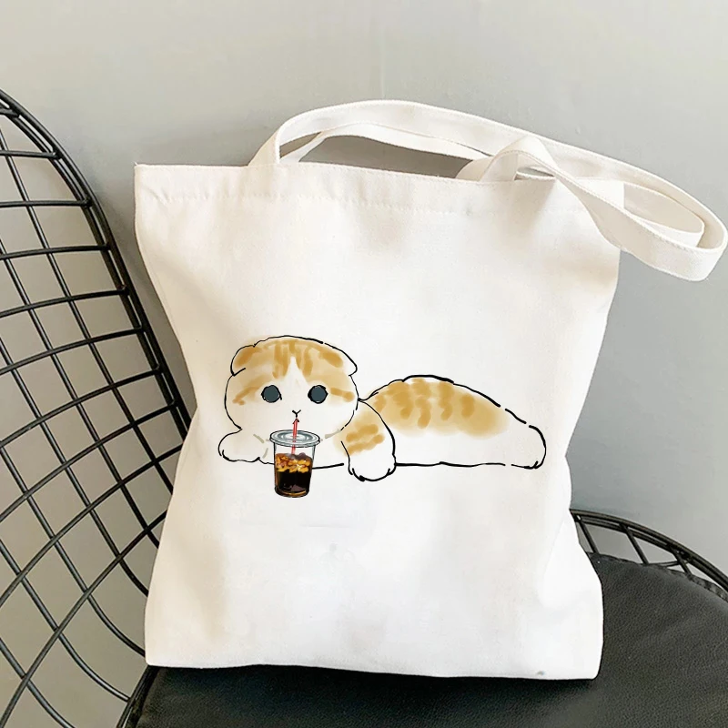 

Shoulder Tote Bag Shoppers Bags Messenger White Hand Bags Female Korean Style Cat Art vintage aesthetic cute Painting Handbags