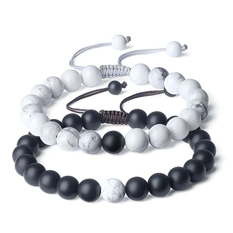 Adjustable Long Distance Relationship Genuine Natural Stones Turquoise Matte Onyx Couple Bracelets Valentine's Day Gift