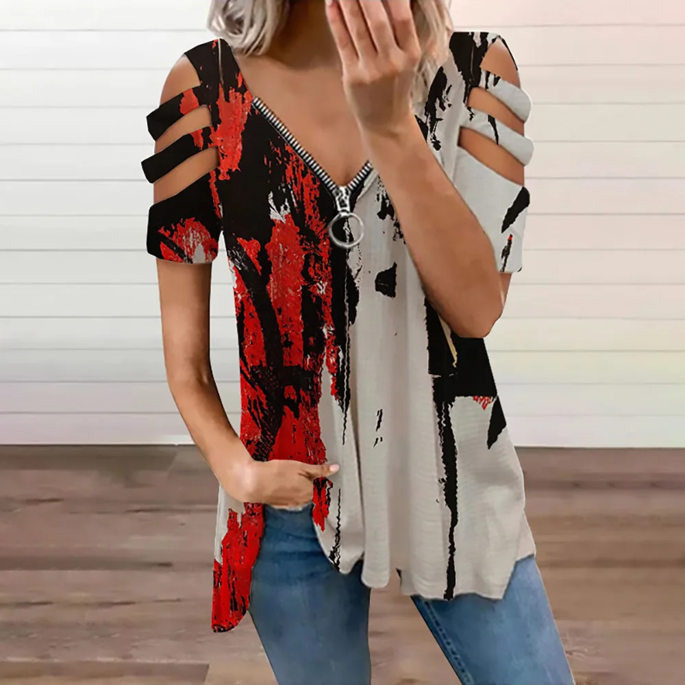 

2022 Summer New Sexy Off Shoulder Print V-Neck Short Sleeve Zipper Midi T-Shirt For Women Casual Loose Tunic Oversized Tops Tee
