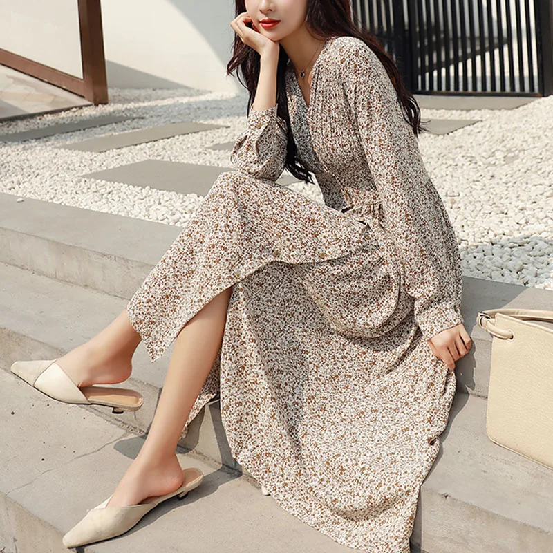 

2022 Elegant A-Line Floral Print Chiffon Empire V-Neck Fashion Korean Women Dress Long Sleeve Button Vintage Dresses