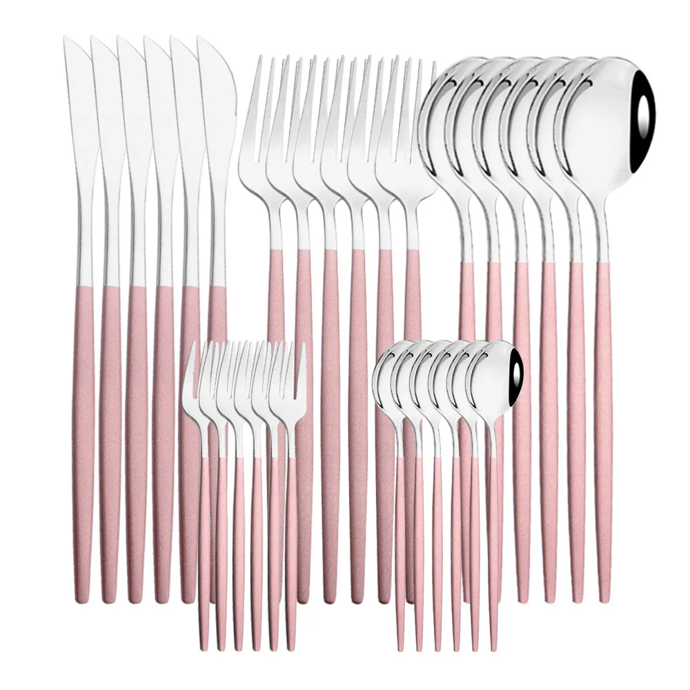 6Set/30Pcs Pink Silver Dinnerware Set Stainless Steel Knife 