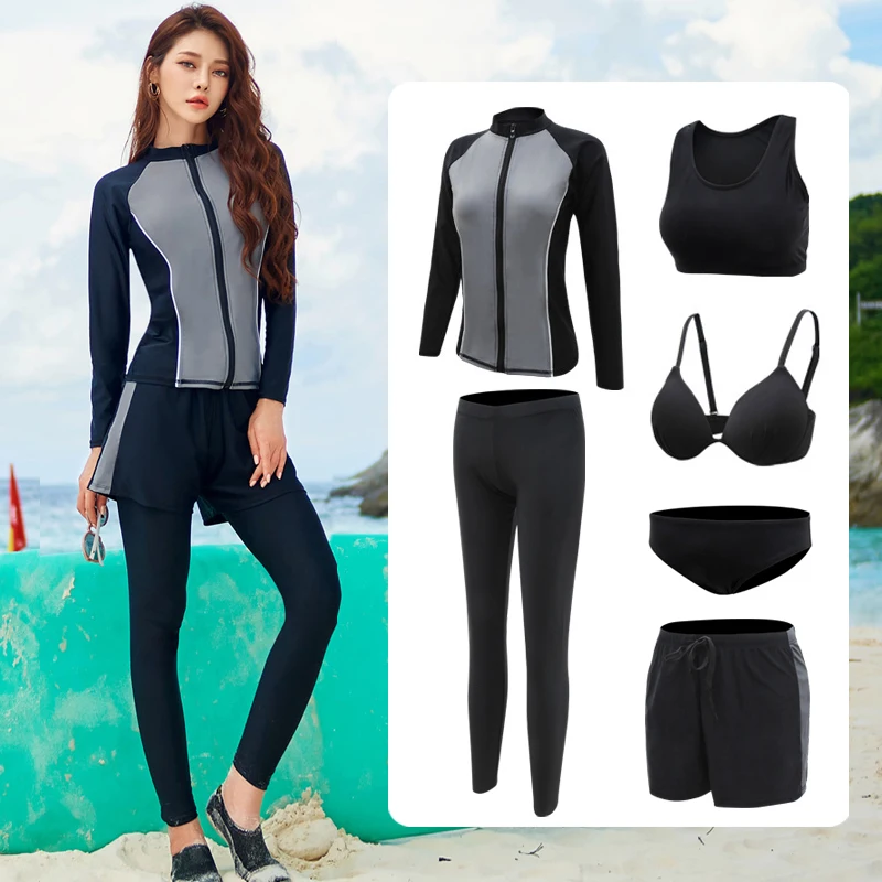 

Lady Swimsuit Swimwear Three Pieces With Bra Bottom Korean Style long sleeves Zipper sunscreen Beach clothes bathing suit