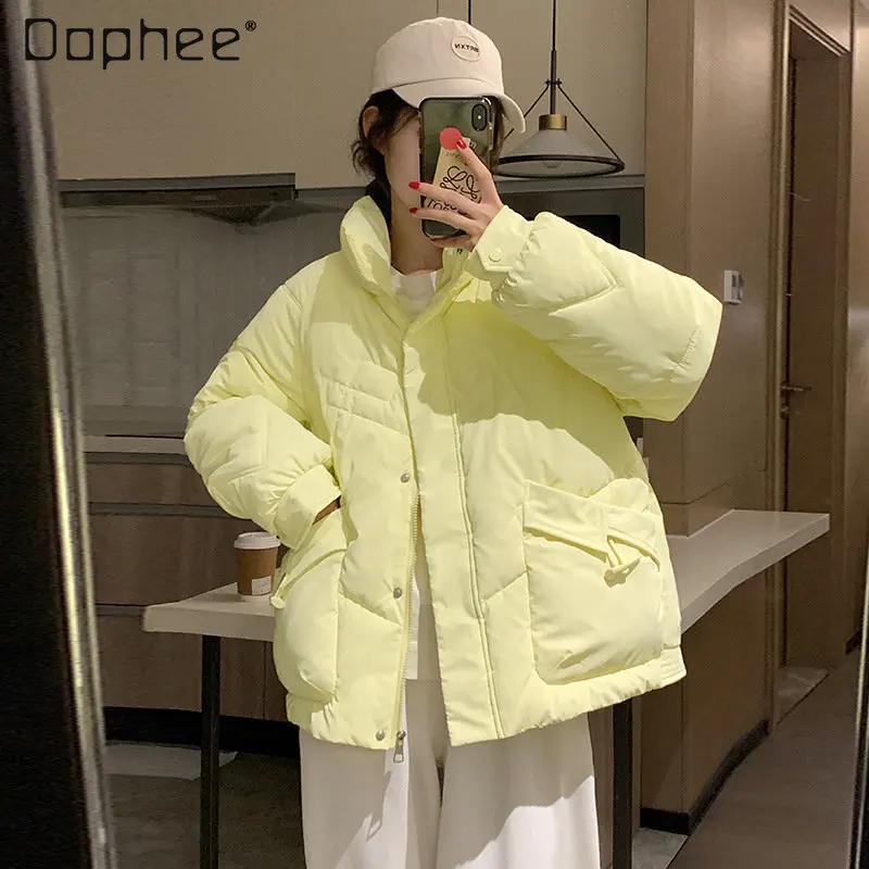Women's Winter Short down Jacket New Loose Thick Hooded Cotton Coat ladies solid color stand collor single breasted jackets