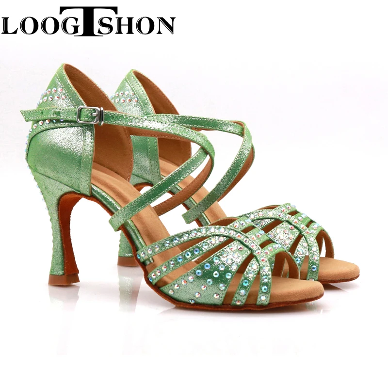Loogtshon  Latin dance shoes women dancing shoes classic rhinestone shoes roman heel cone heel dance shoes professional heels
