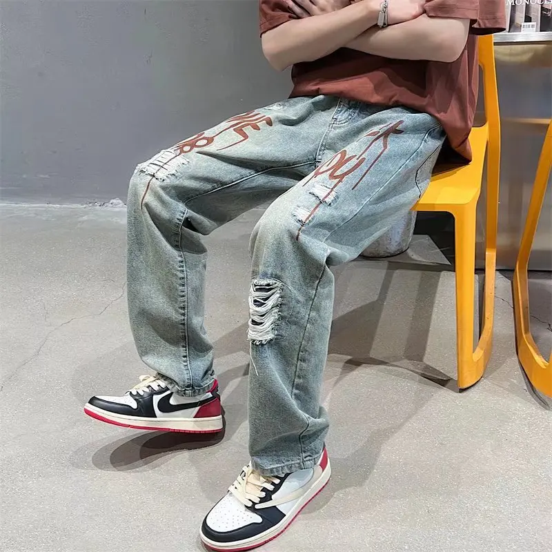 Popular Hot Style Trendy Classic Ripped And Letters Denim Jeans Special Design Full Length Comfortable Long Pants For Youth