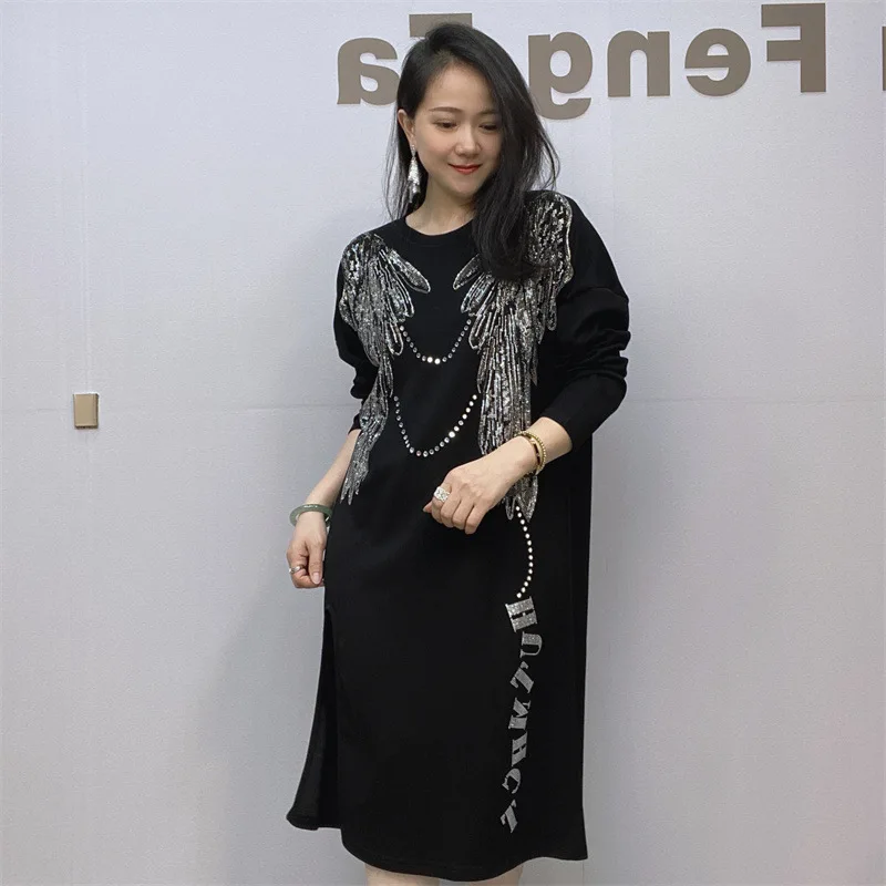 

Rhinestone Tshirt Dresses For Women New Elegant Evening Party Long Sleeve Loose Fit Y2K Womens Loose Black T-Shirt Dresses