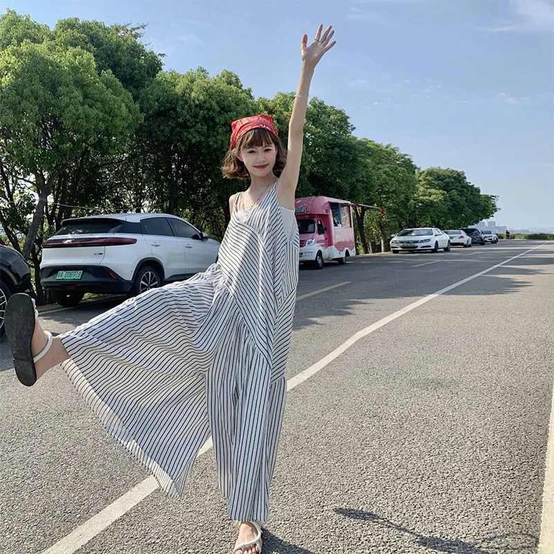 

Женский свободный комбинезон в полоску, повседневный комбинезон в стиле оверсайз с широкими штанинами и подтяжками, лето 2022