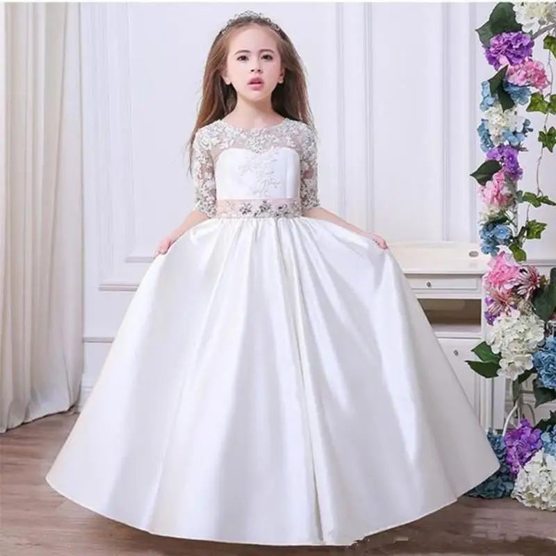 

Half Sleeve Flower Girl Dresses For Wedding Jewel Lace Applique Girls Pageant DressesWith Half Sleeve Beaded Sash First Communio