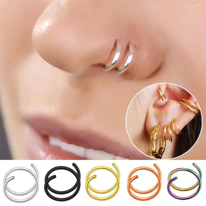 

1/2pcs Stainless Steel Double Layers Nose Hoop Ring Silver Color Spiral Nose Hoop Set for Women Men Nostril Piercing Jewelry