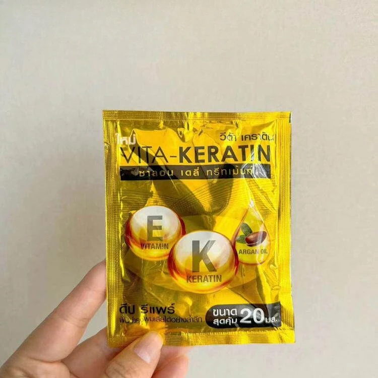 Фото Тайская маска для волос VITA KERATIN Gold, 20 мл x 2 шт., восстанавливает поврежденные волосы с помощью питательной формулы, уход для питания волос. №4