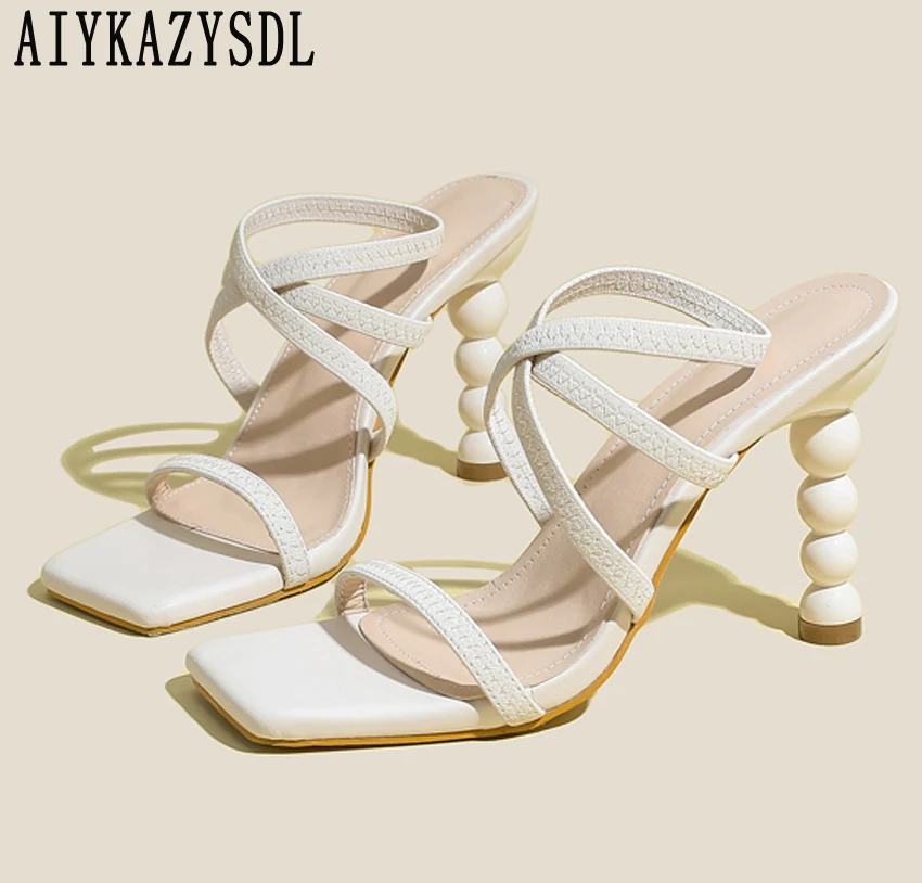 

AIYKAZYSDL Strange Cut Out High Heel Cross Strap Tied Concise Sandals Black Apricot Sandals Slides Mules Slippers Plus Size 42