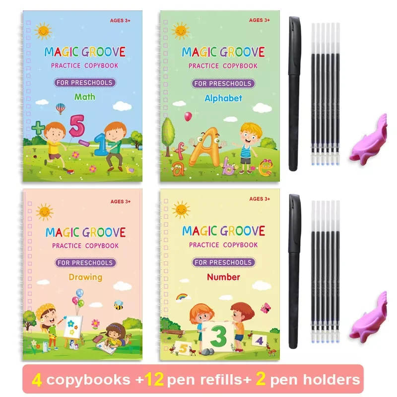 

4 Books+ Pen Magic Practice Copybook English for Kids Reusable Magical Writing Book Free Wiping Kids Books for Handwriting