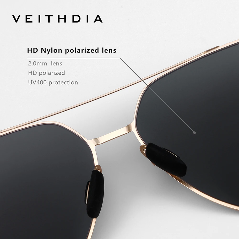 Мужские солнцезащитные очки в стиле пилота Veithdia UV400 защита из нержавеющей стали