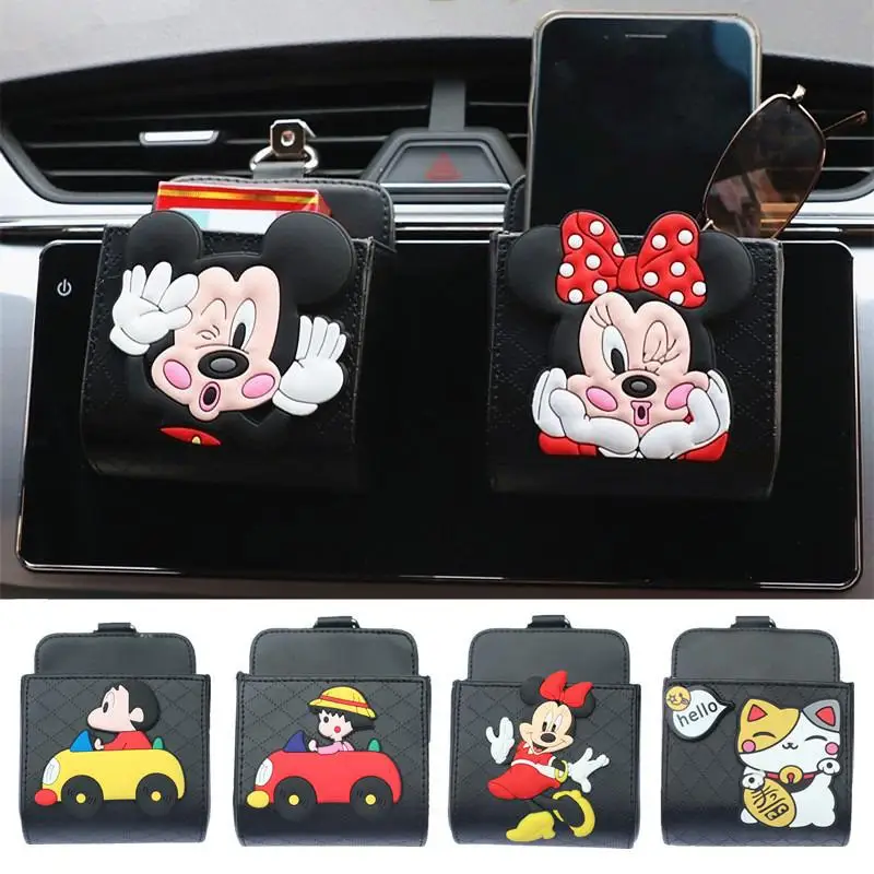 

Disney Mickey Minnie Car Storage Bag PU Mickey Mouse Storage Box Glasses Mobile Phone Stand Accessories Anime Toy Figure Gifts