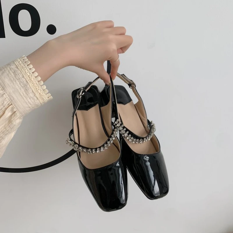 

2022 Summer New Sandals For Women's Shoes Fashion Baotou Thick Heel Outer WearAll-match Rhinestone Square Toe Women's Shoes