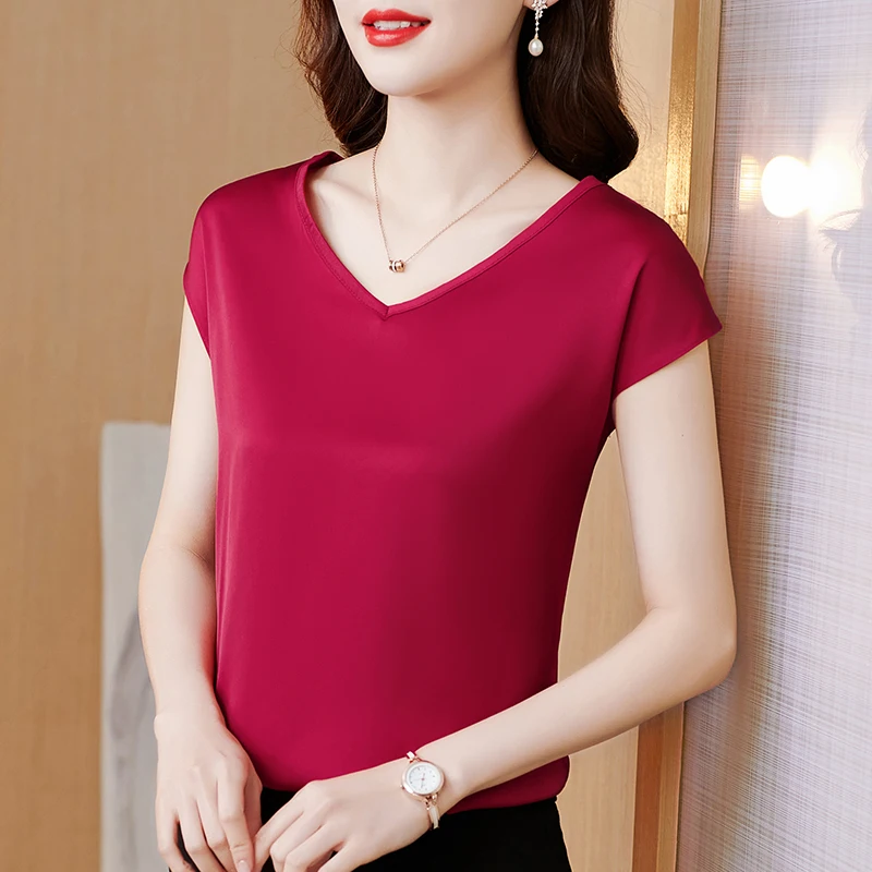 

Summer Women's Shirt Satin Red Blouse for Women Batwing Sleeve V-neck Blouse OL Silk Female Shirts Soild Womens Tops and Blouses