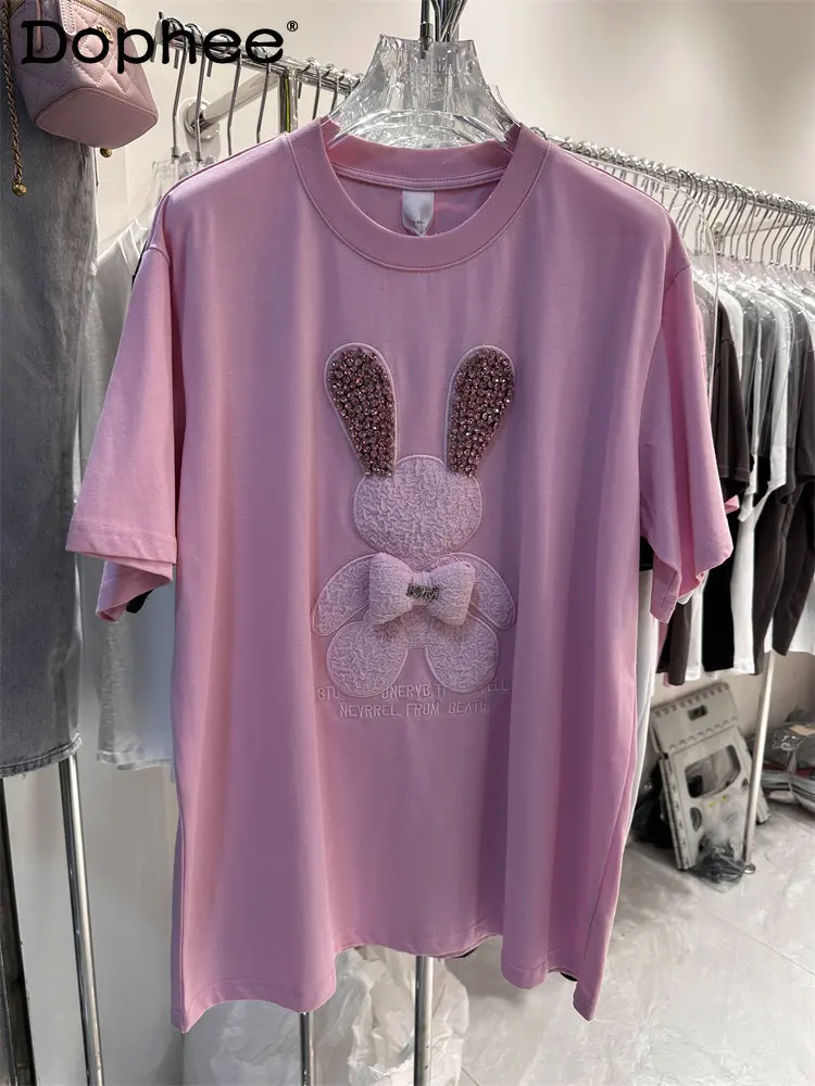 

Женская хлопковая Футболка с вышивкой и бантом, белая свободная футболка средней длины из плотного диоманда, Новинка лета 2023, Свободный Топ ...