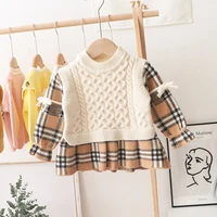 princess autumn winter children knitted kids sweaters warm thicken full sleeve plaid knitting bow dresses girl sweater 6m 5y