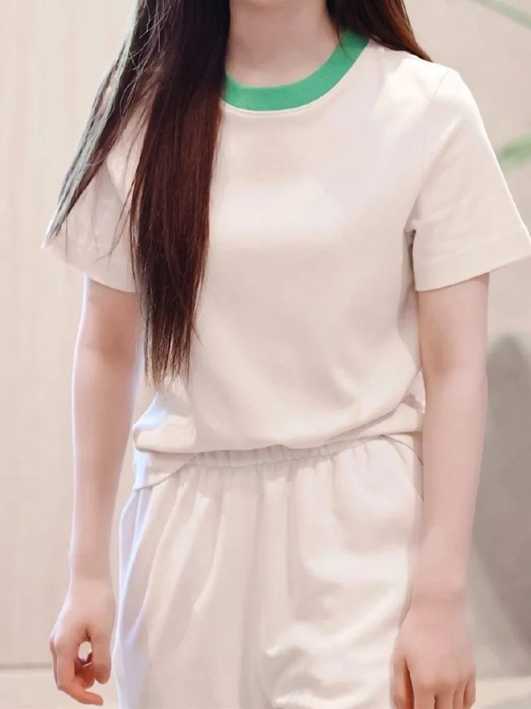 

Women's Neckline Contrast Color O-Neck T-Shirt Basic Simple Casual Short Sleeve Top Summer 2022 Female Casual Tees