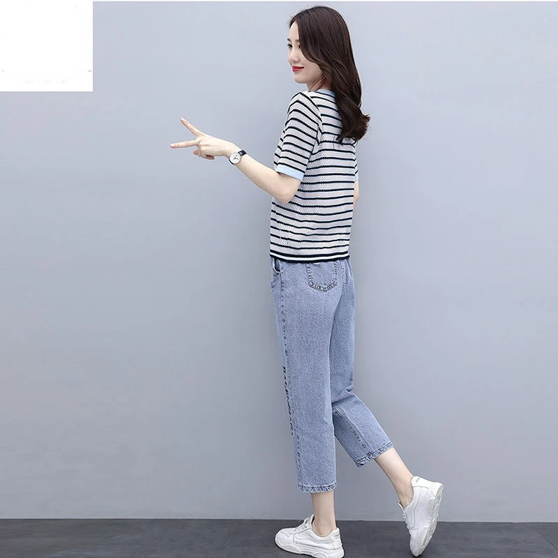 Женский брючный костюм лето 2022 простая футболка в полоску джинсовый из двух