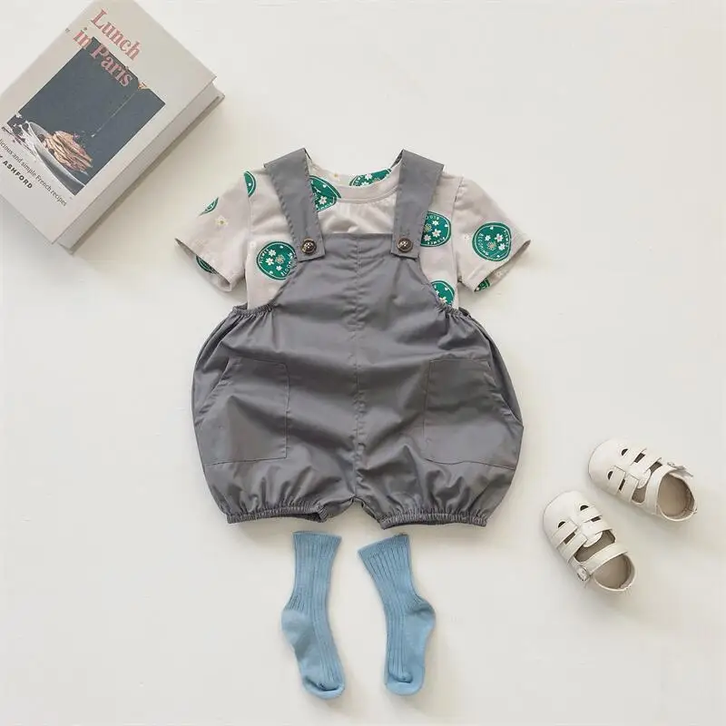 

Summer Costume Girl Baby Cotton Flower Print Loose Short Sleeves T-shirt Newborn Boy Solid Casual Pockets Suspenders Bodysuit