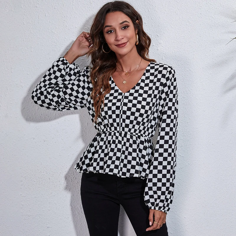 

Fashion plaid chain floral print summer t shirts women V neck lantern sleeve tops slim waist tees multi colors