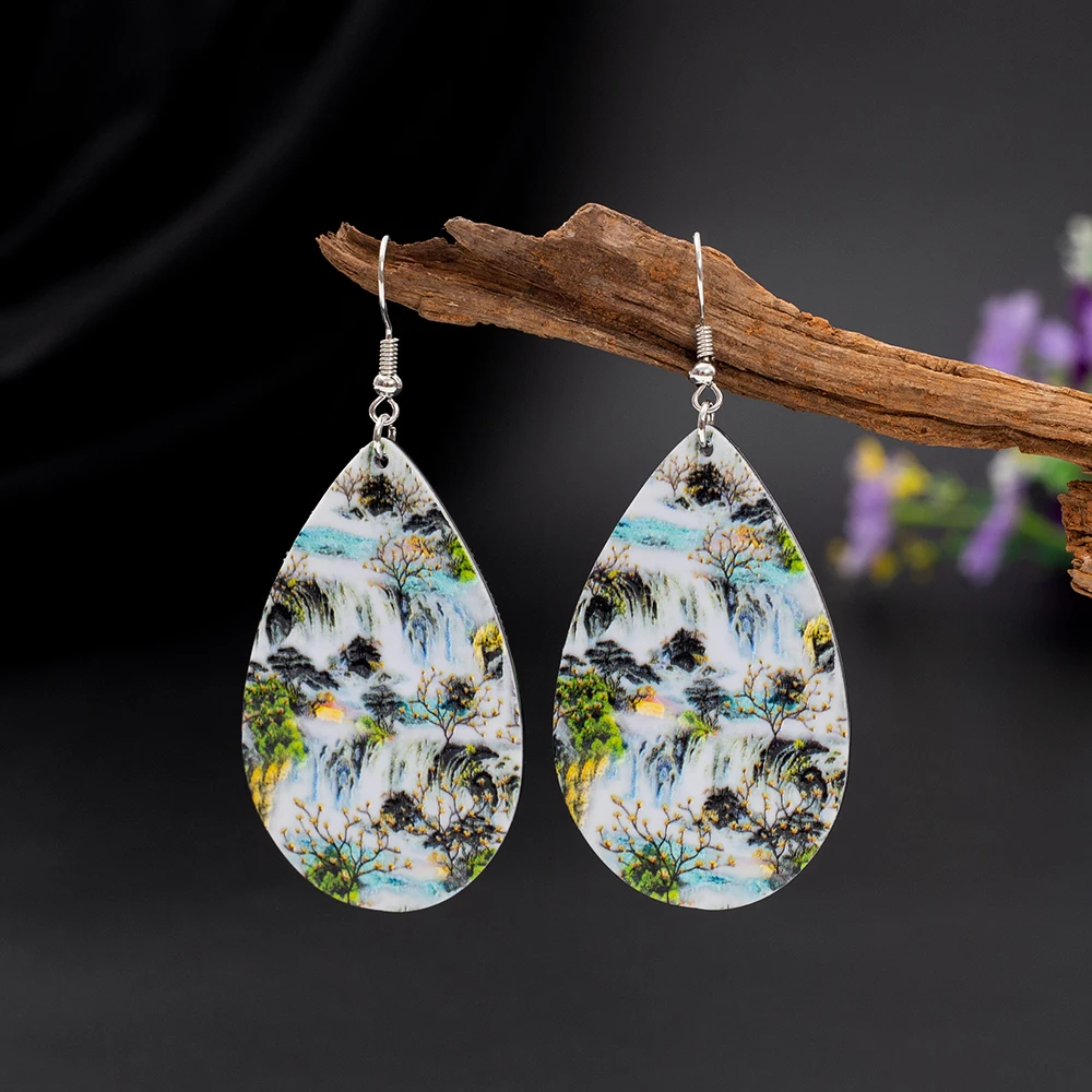 Новая мода водопад пейзаж Relievo печать акриловые висячие серьги модные для женщин