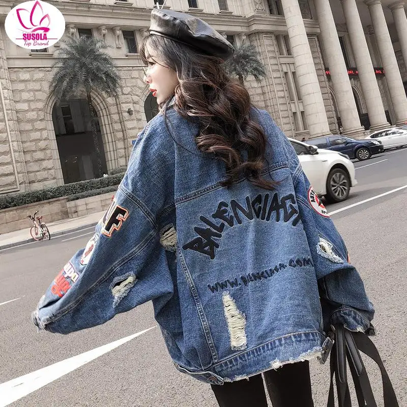 

Lady BF Harajuk Big Loose Denim Jacket Women Embroidery Jeans Coat Hip Hop Hole Single Breasted Jeans Jacket Casual Women Jacket