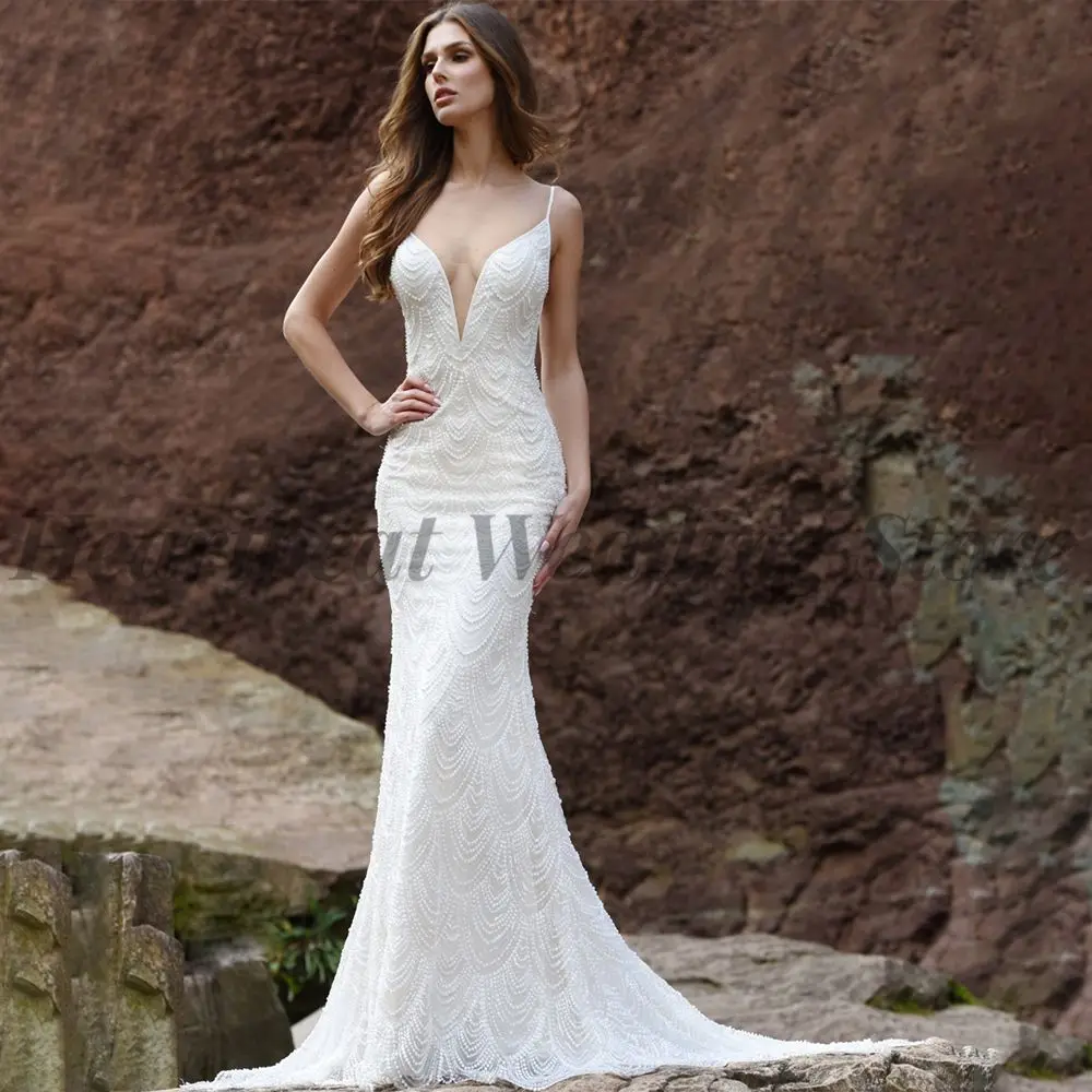 

Женское свадебное платье с юбкой-годе, простое платье на бретелях-спагетти с открытой спиной, шлейфом и V-образным вырезом, аппликацией без рукавов, 2023