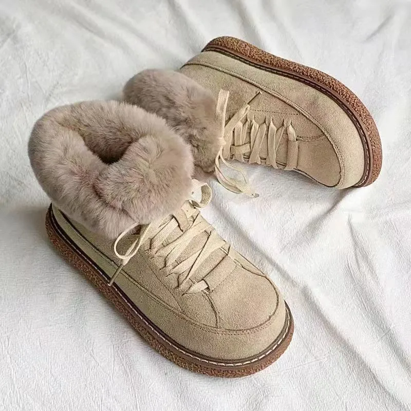 Snow Boots Women's Winter Plush Warm Cotton Shoes Women Lace-up Waterproof Non-slip Thick Bottom Rabbit Fur Boots Botas Mujer