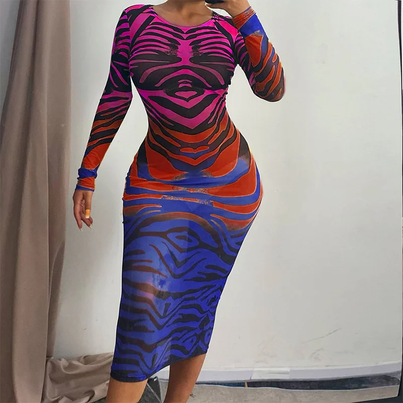 

Zoctuo Colorful Zebra Print Women Mesh Long Sleeve Midi Dress See Through Sheer Bodycon Sexy Streetwear Party Club 2021 Autumn