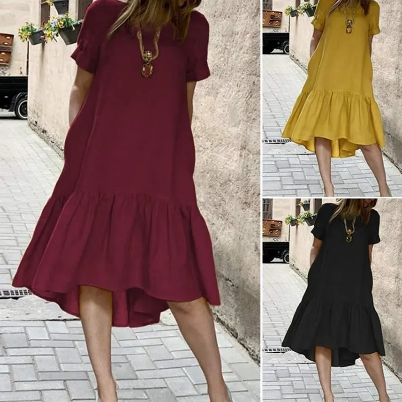 

Женское винтажное платье средней длины, повседневное свободное однотонное платье с круглым вырезом, коротким рукавом и карманами, лето 2023