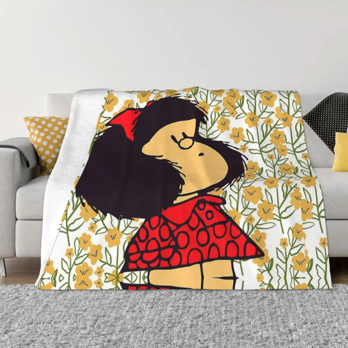 

Флисовое одеяло Mafalda с цветами, милые Мультяшные одеяла s для дивана, спальни, сверхмягкий коврик для кровати