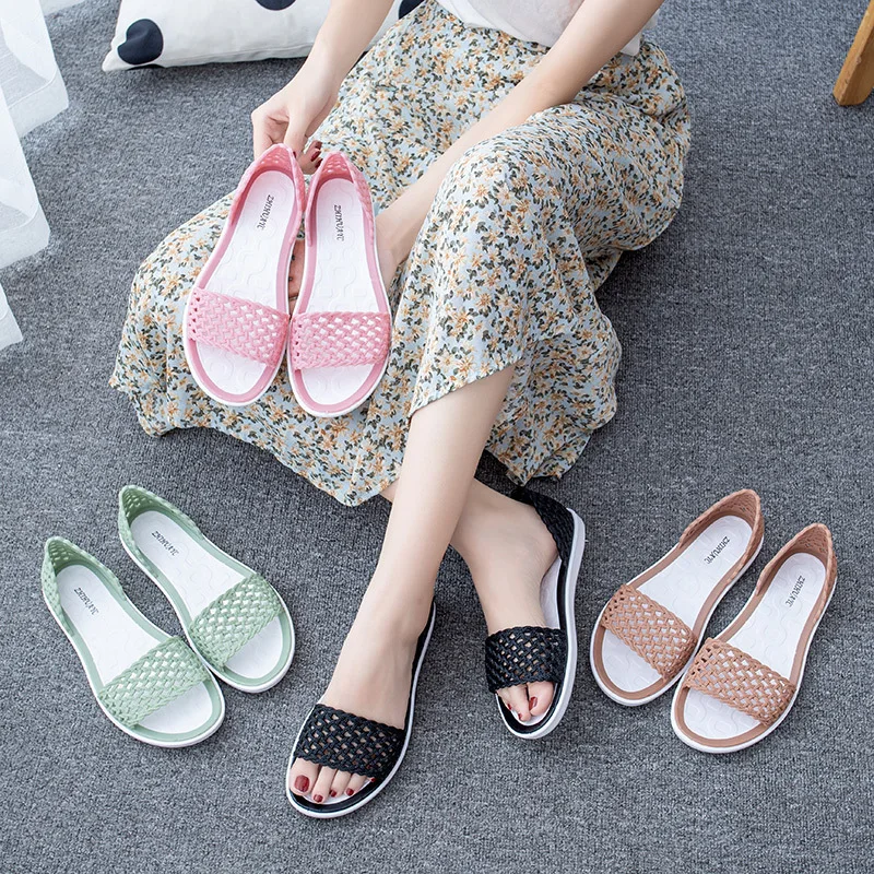 

Women's Sandals 2022 New Ladies Summer All-match Flat Plastic Hollow Hole Shoes Non-slip Soft Bottom Sandals