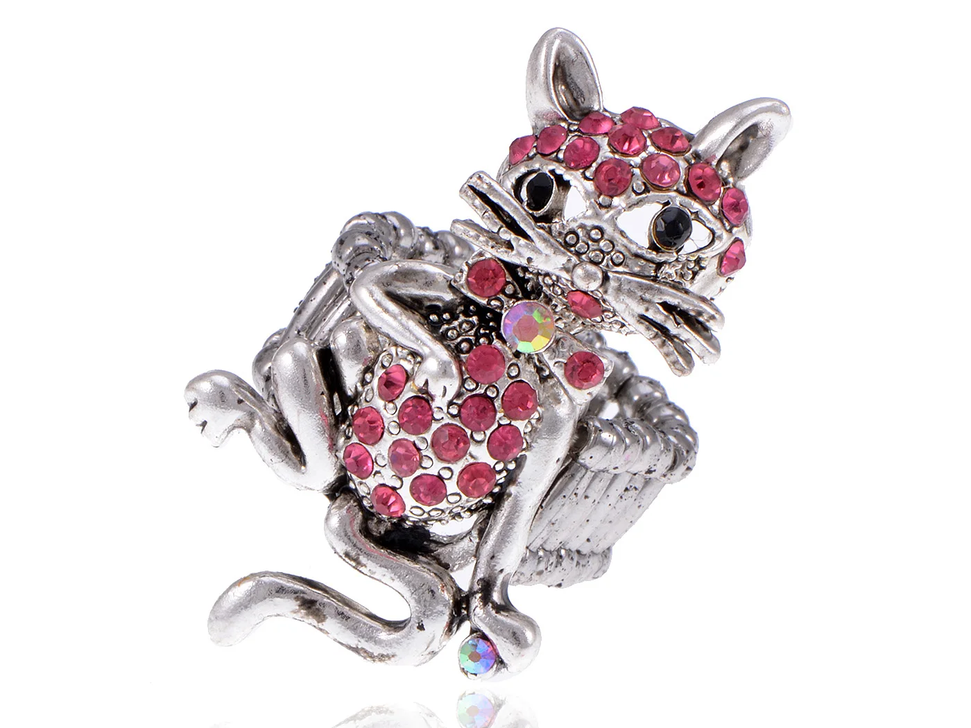 

Silvery Tone Shine Pink Crystal Rhinestones Cute Cat Animal Adjustable Ring