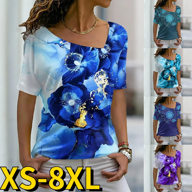 

2022 Summer T Shirt Women Short Sleeve V-Neck Floral Print Tops Casual Streetwear Loose Ladies Tee Size Female Everyday Pullover