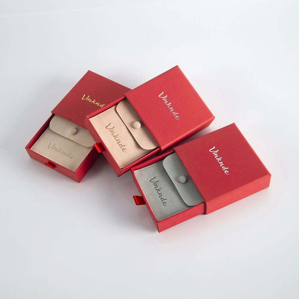 Red Cardboard Boxes Microfiber Suede Button Bags Set Custom Logo DIY Jewelry Earrings Necklace Packaging Organizer Case Pouches