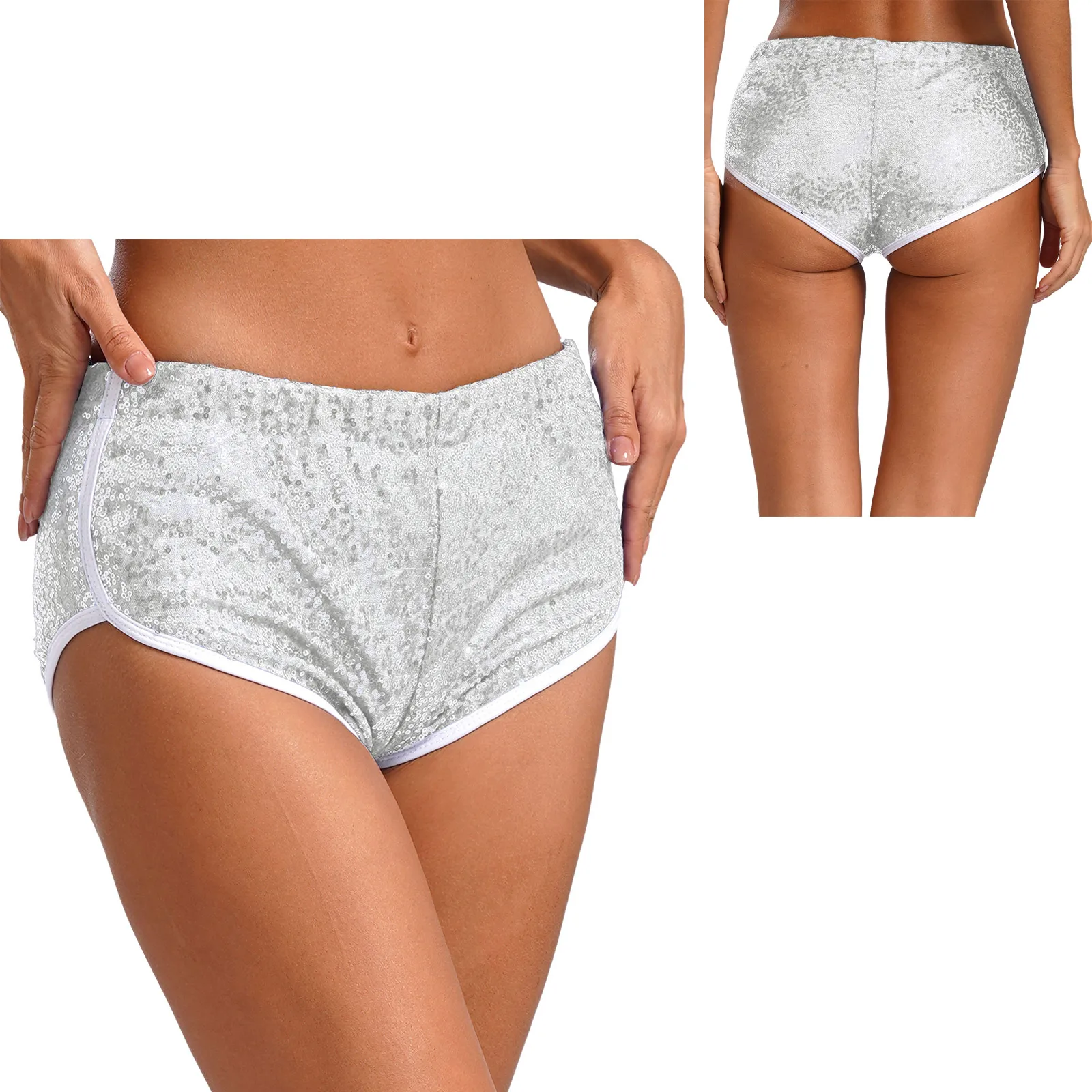 Womens Sparkly Sequin Low Rise Booty Shorts Elastic Waistband Fully Lined Cheeky Hot Pants Fancy Dancing Show Daily Chic.