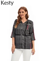kesty womens plus size plaid shirts cotton shirts buttoned 34 sleeve shirts v neck womens casual tops