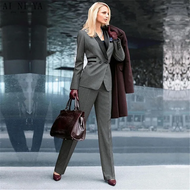 

Dark Grey With Black Lapel Women Custom Made Slim Fit 2 Pieces Suits Women Business Offical Prom Suits Terno Feminino
