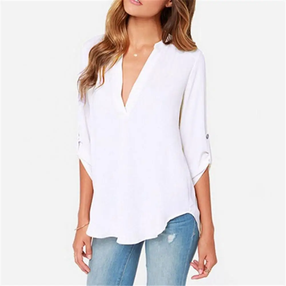 

Chic Lady Summer Shirt V Neck Pure Color Summer Blouse Ruched Quick Dry Women T-shirt Women Garment