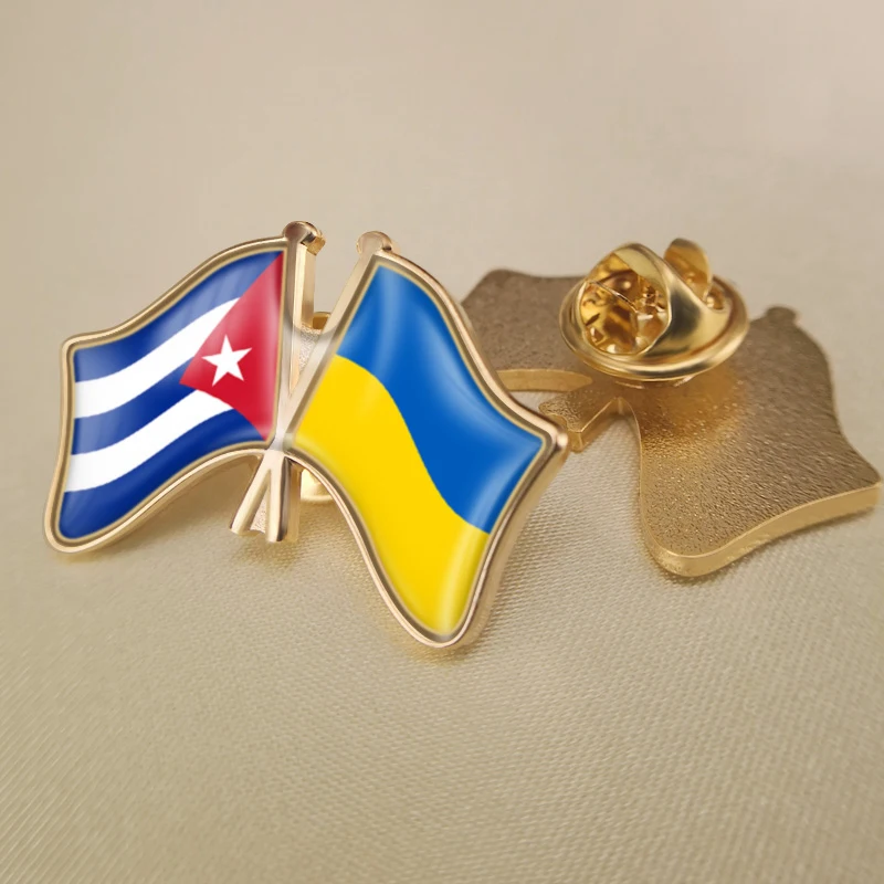 

Cuba and Ukraine Crossed Double Friendship Flags Lapel Pins Brooch Badges