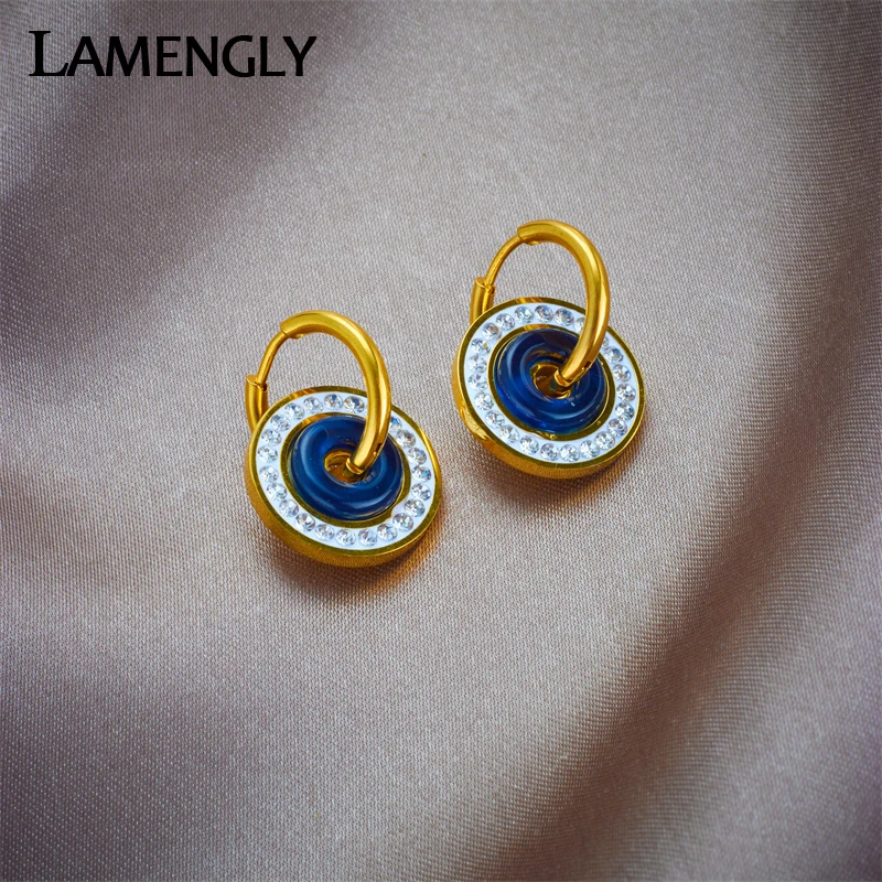 

LAMENGLY 316L Stainless Steel Round Blue Stone Hoop Earrings For Women Girl New Luxury Small Ear Buckle Waterproof Jewelry Gifts