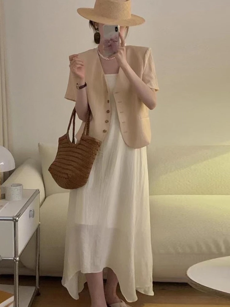 

Korean Chic Summer Fashion Simple Temperament V-neck Short-sleeved Jacket + Irregular Loose Long Suspender Dress