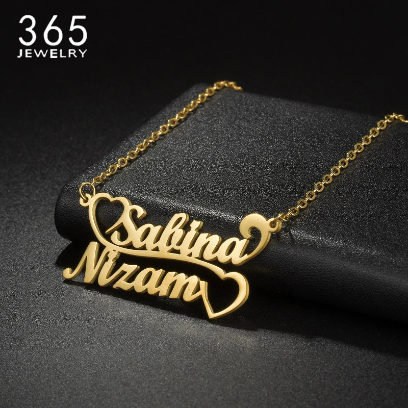 

365 Personalized Double Name Heart Custom Necklaces Stainless Steel Pendant Couple Style Charming Choker For Women Jewelry Gifts