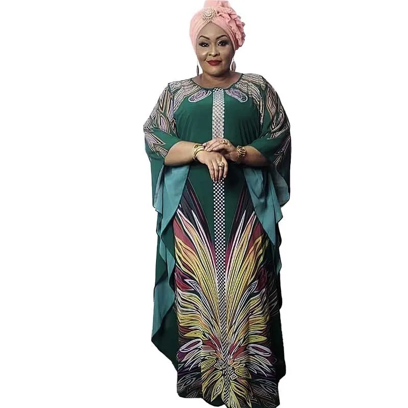 Fashion Muslim Abaya Dashiki Traditional Party Maxi African Dresses For Women Printed Chiffon Loose Diamond Long Dress Robe 2023